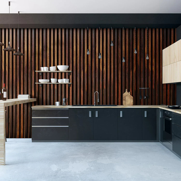 Articlad Wall Panel installed vertically in a hallway, creating a striking visual effect with solid wood slats.