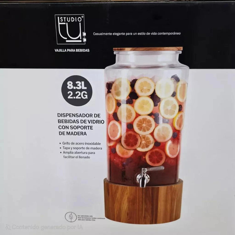 4. Contemporary glass beverage dispenser with wooden lid and base.