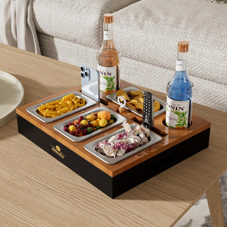 Wooden sofa snack tray with storage compartments.