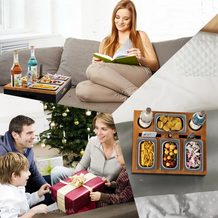 Bamboo sofa organizer with multiple compartments.
