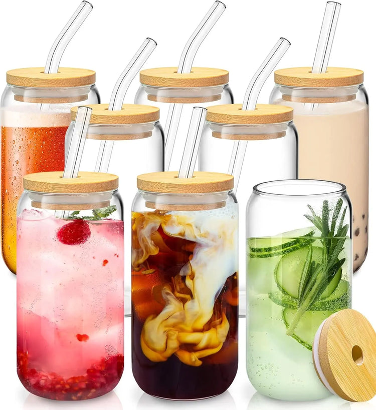 Sustainable Highball Glasses with Bamboo Lids and Glass Straws - Set of 8