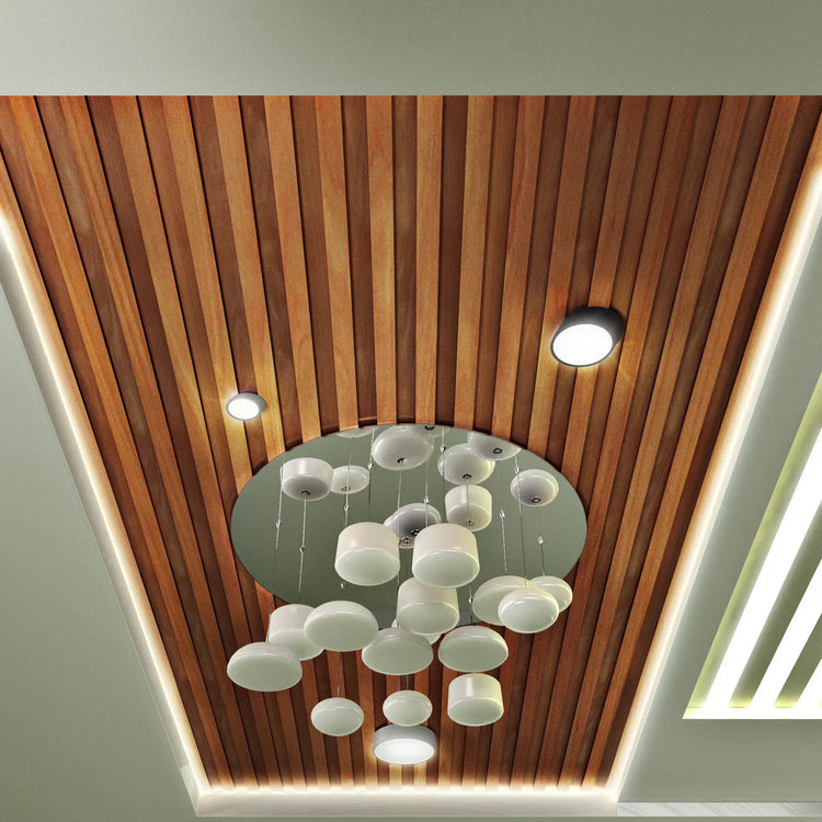 Side view of Articlad Wall Panel showing 1-inch thickness and precise alignment of wood slats.
