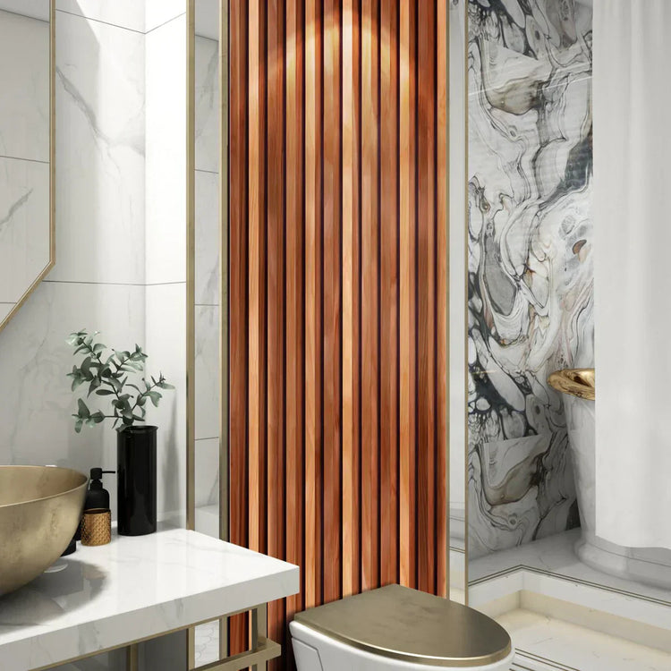 Articlad Wall Panel in Maple finish installed on a modern living room wall, showcasing natural solid wood slats.