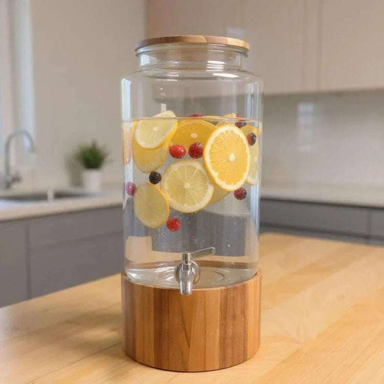2. Elegant 8.3L glass drink dispenser with citrus-infused water.