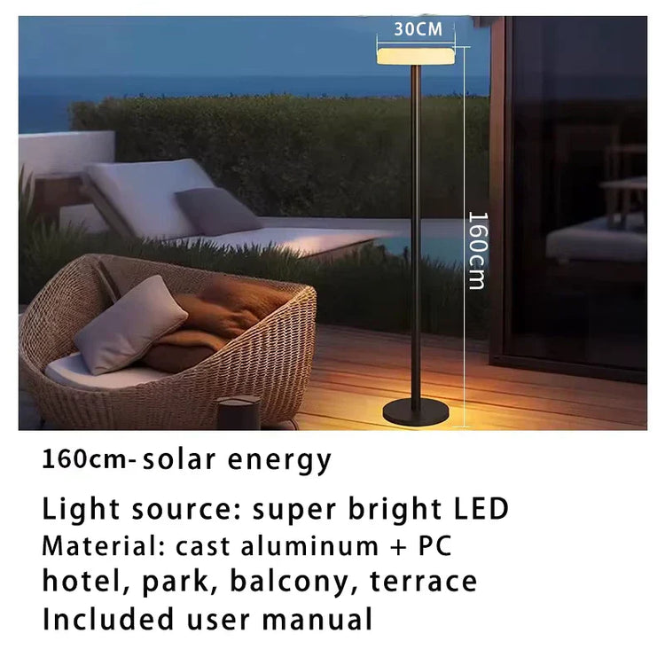Weatherproof smart solar lamp with elegant disc shape. 160 cm
