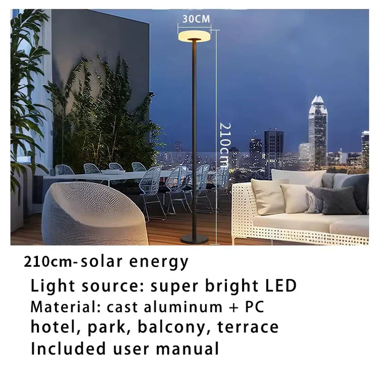 Weatherproof smart solar lamp with elegant disc shape. 210 cm