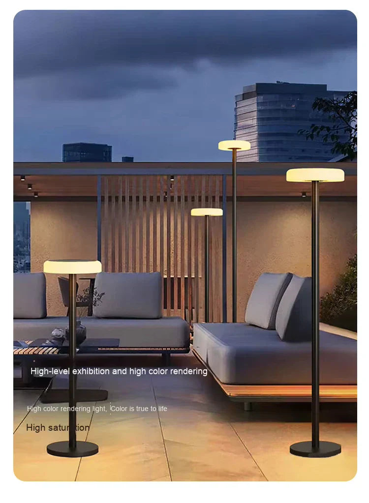 Smart Solar Disc Floor Lamp. Built-in dusk sensor activating lamp automatically