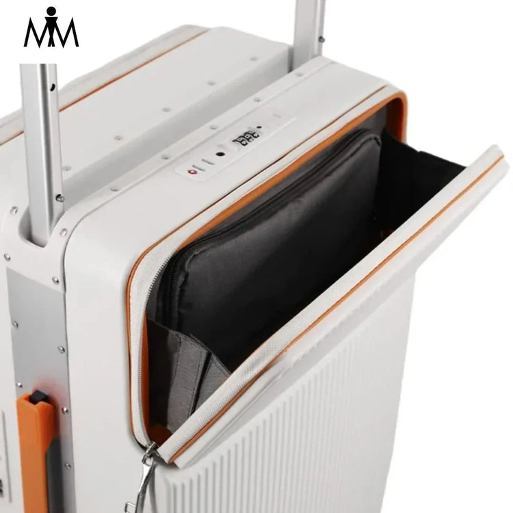 Travel luggage with built-in USB charging port and phone holder, ideal for tech-savvy travelers.