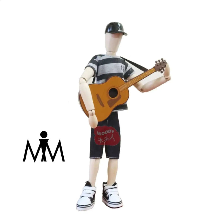 Articulated Mr. Wudi, wooden figure that plays the guitar, ideal for decorating artistic and modern spaces.