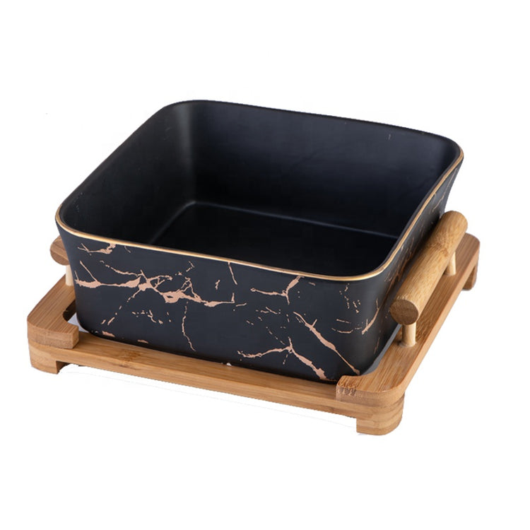 Minimalist ceramic bowl with natural wood stand