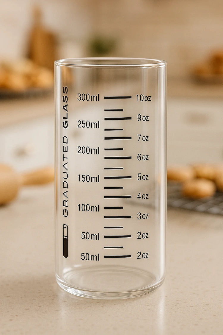 300 ml measuring cup made of high-quality borosilicate glass. Includes reusable straw