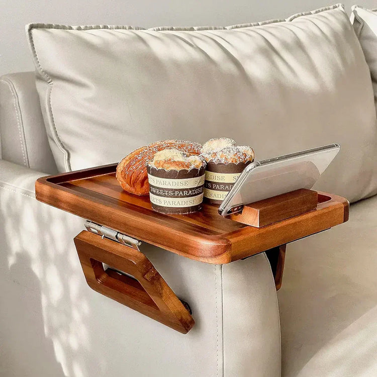 spring hinged arms of sofa tray on couch arm