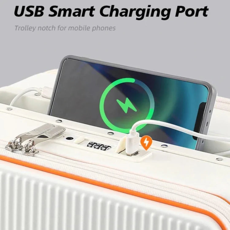 Durable travel luggage with spinner wheels and integrated USB charging, perfect for business trips
