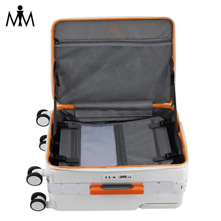 Compact carry-on travel luggage equipped with USB port and cup holder, designed for convenience.