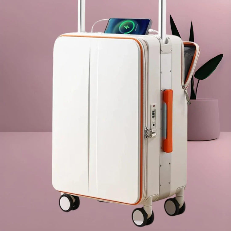 Stylish travel luggage showcasing a modern design with USB charging capabilities and TSA-approved lock.