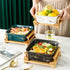 Set of marble ceramic serving bowl with wood base