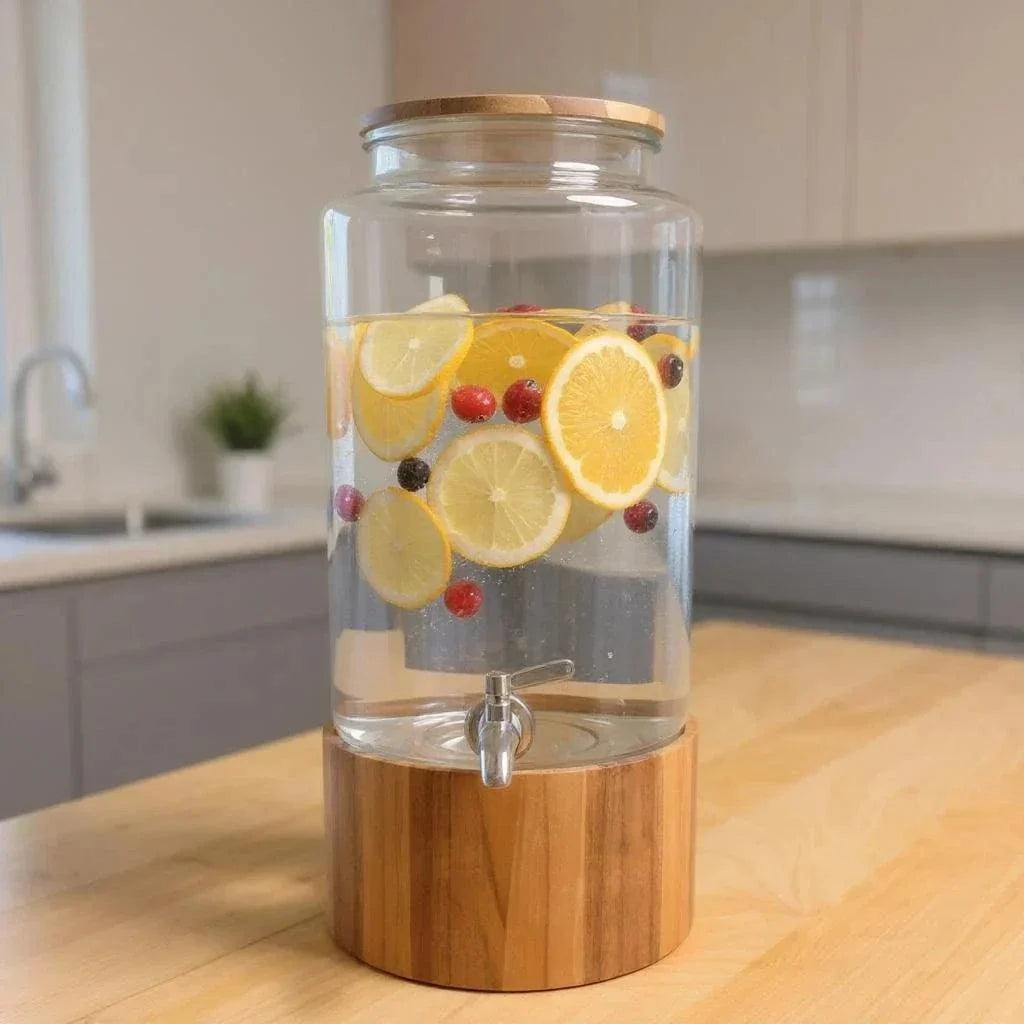 2. Elegant 8.3L glass drink dispenser with citrus-infused water.