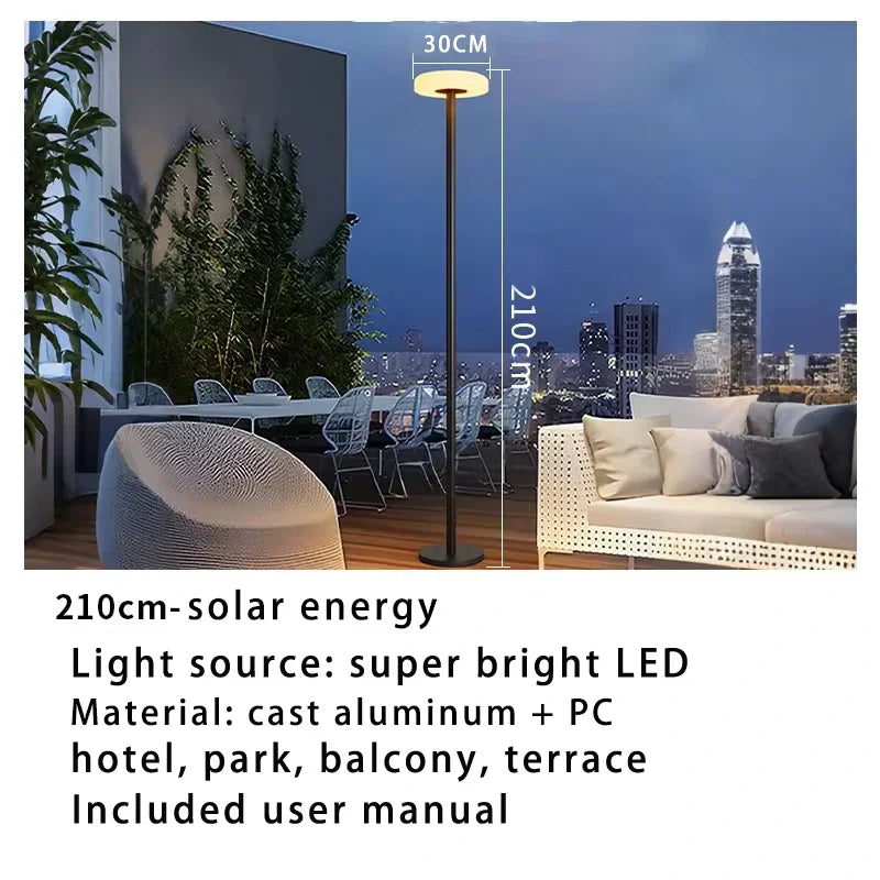 Weatherproof smart solar lamp with elegant disc shape. 210 cm