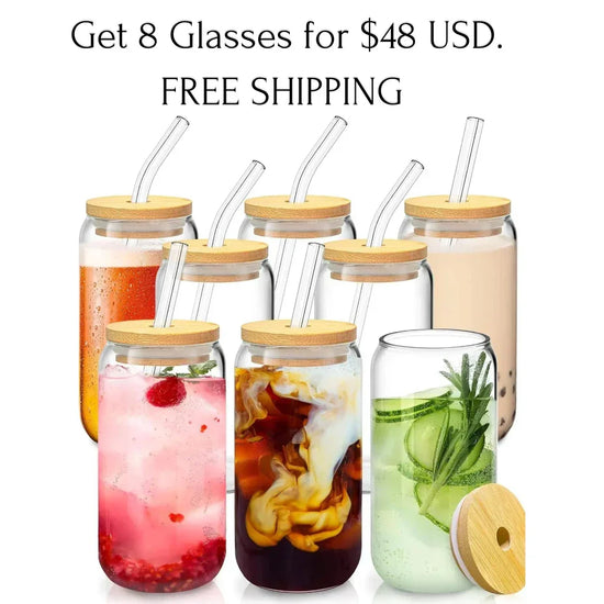  Sustainable Highball Glasses with Bamboo Lids and Glass Straws - Set of 8