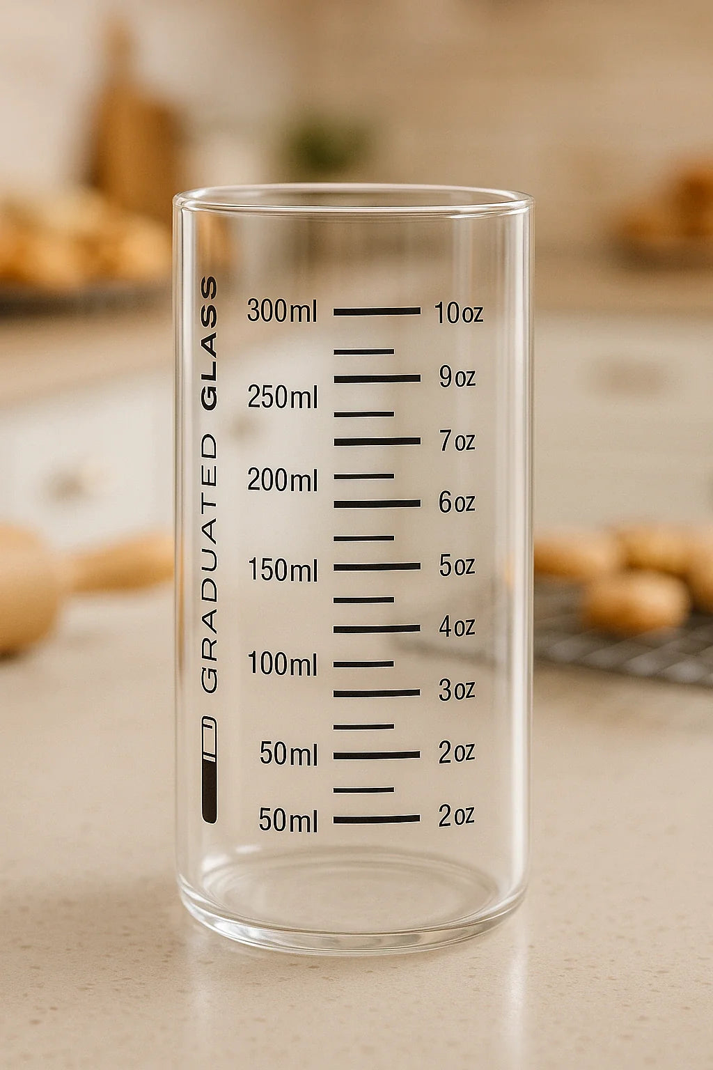 300 ml measuring cup made of high-quality borosilicate glass. Includes reusable straw