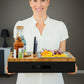 Stylish black snack tray with stainless steel bowls.