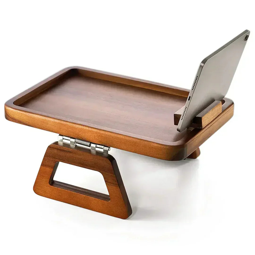 close up of Acacia wood armrest table grain on armrest tray