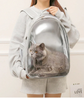 Cat sitting inside transparent pet backpack outdoors